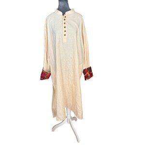 Manabi Handcrafted Cream Tunic With Embroidered Cuffs & Buttons